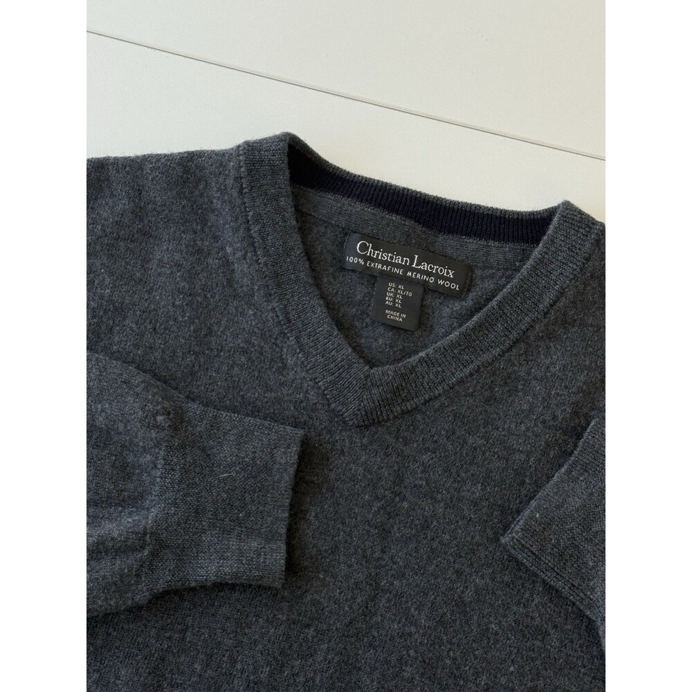 Christian Lacroix 100% Extra Fine Merino Wool Sweater Mens XL Gray V Neck